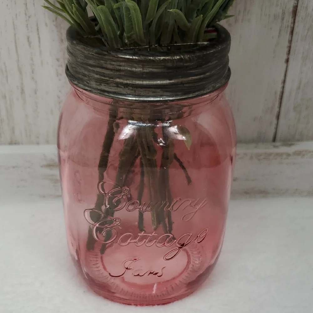 Pink Glass Mason Jar Vase with Faux Floral Arrangement Country Farmhouse